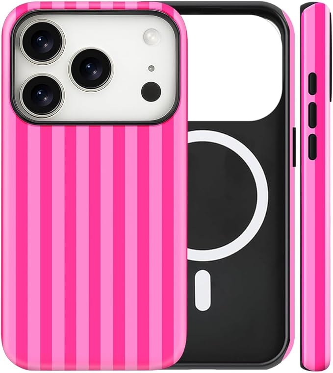 Magnetic for iPhone 17 Pro Case Cute Stripes Phone Case, Shockproof Slim TPU and Hard PC Protective Phone Cover Compatible with MagSafe Designed for Women Girls, Deep Pink