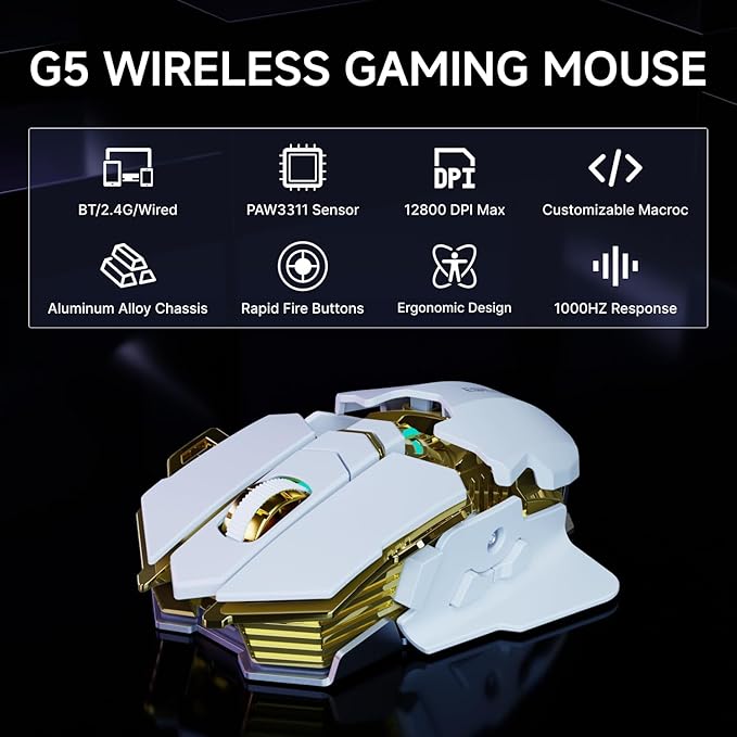 EWEADN G5 Wireless Gaming mouse, 12800 Adjustable DPI Ergonomic Mouse with 6 RGB Backlit Modes, Rapid Fire Key, 9 Programmable Macro Buttons, Rechargeable Bluetooth Mouse for PC/Mac/Laptop - White