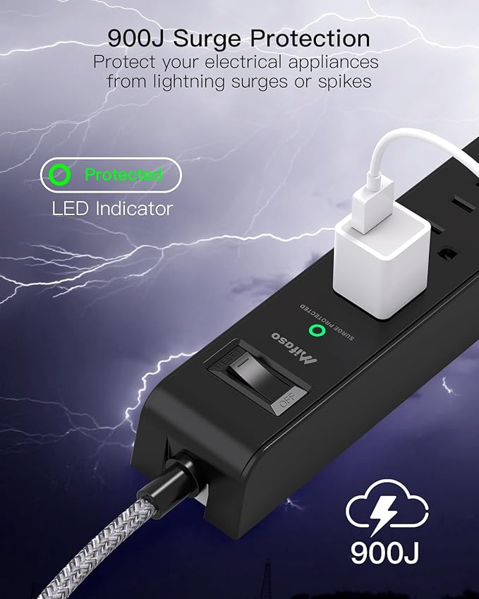 2 Pack Surge Protector Power Strip, Slim Flat Plug, Braided Extension Cord, 5-Foot, 900 Joules, 6 Outlets 4 USB Ports, Wall Mount for Home Office Dorm