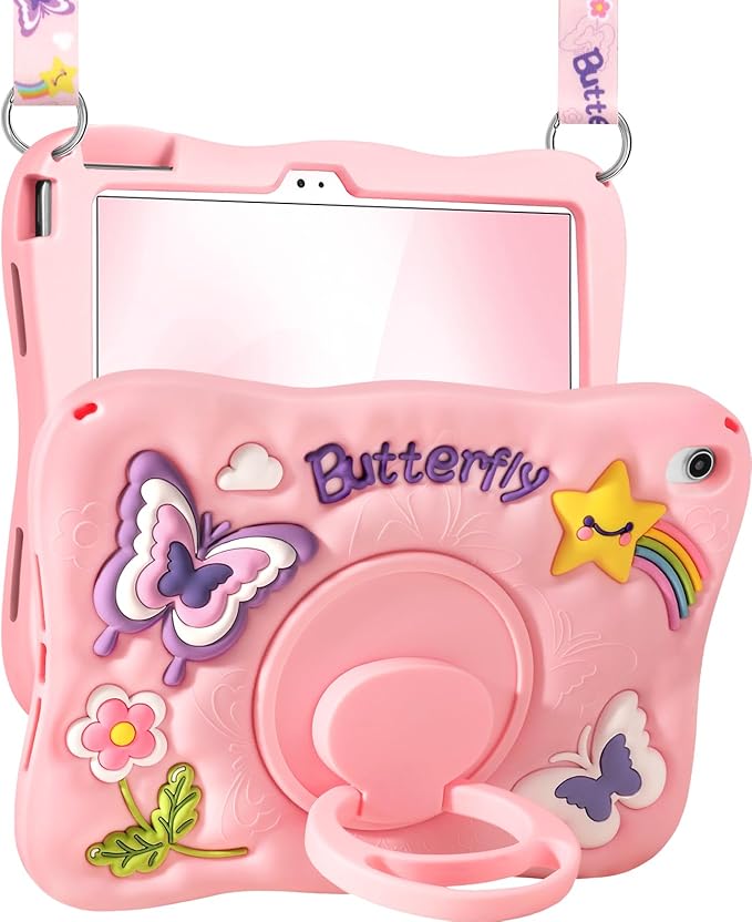 Kidcube for iPad 10th Generation Case 10.9 Inch 2022, for iPad A16 Case 11th Generation 2025 - for Girls Cute Girly Kawaii 3D Butterfly Design Cover with Rotating Stand & Strap Unique Silicone Cases