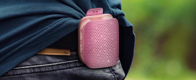 AT&T Essentials Clip Bluetooth Speaker | Mini Portable Bluetooth 5.3 Speaker with USB-C, Waterproof IPX5, 12-Hour Battery, Compact Clip-On Audio for Travel, Dorm, Outdoors - Pink