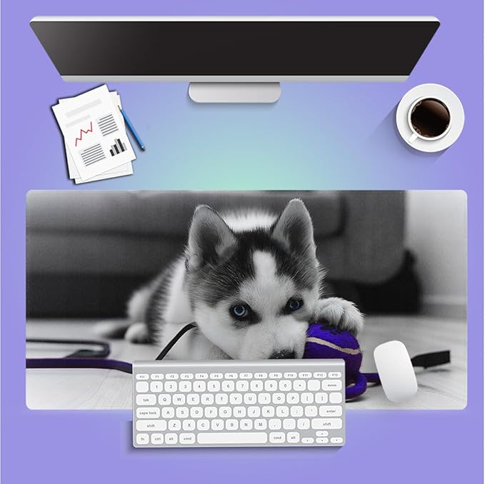 Large Gaming Mouse Pad (31.5" x 15.8") - Siberian Husky Pup Playing with Purple Ball Cute Puppy, Extra XXL Extended Office Accessories, Premium Stitched Anti-Slip Desk Mat