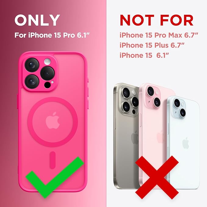 CAPRARO Magnetic for iPhone 15 Pro Case, [Compatible with MagSafe] [Full Camera Protection] Shockproof Protective Slim Translucent Matte Phone Case for iPhone 15 Pro 6.1'', Hot Pink