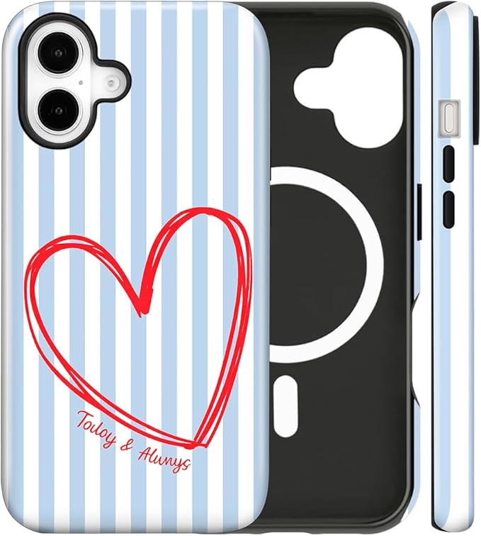Magnetic for iPhone 16 Case Cute Blue Heart Stripes Phone Case, Love Shockproof Slim TPU and Hard PC Protective Phone Cover Compatible with MagSafe Designed for Women Girls