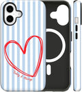 Magnetic for iPhone 17 Case Cute Blue Heart Stripes Phone Case, Love Shockproof Slim TPU and Hard PC Protective Phone Cover Compatible with MagSafe Designed for Women Girls