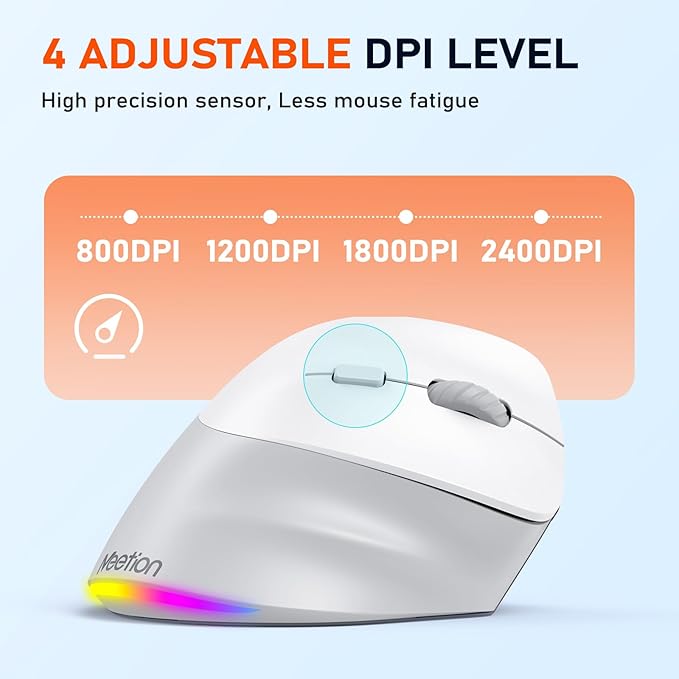MEETION Ergonomic Mouse, Wireless Vertical Mouse RGB Backlit Rechargeable Mice for Bluetooth(5.2 + 3.0) & USB-A with Type-c Adapter 4 Adjustable DPI Mac/Windows/Andriod/Tablet/iPad Gray