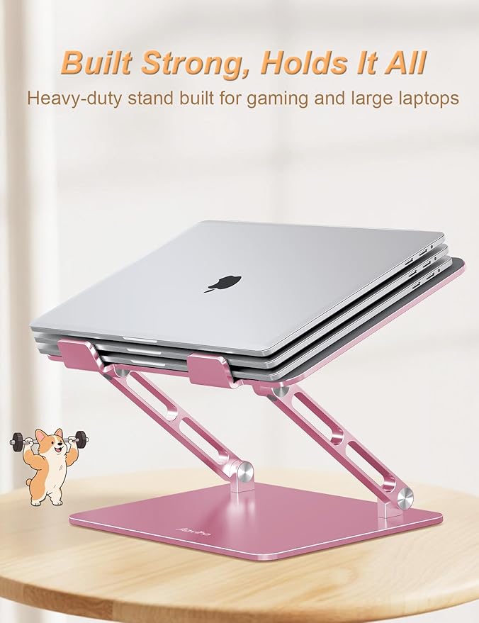 Aoviho Laptop Stand For Desk-Adjustable, Foldable, Portable, Ergonomic Aluminum Notebook Riser with Unique Puppy Cooling Vent, Desk Gift for 10"-17.3" Devices Mac, Dell, HP, Lenovo, Samsung, Rose Gold