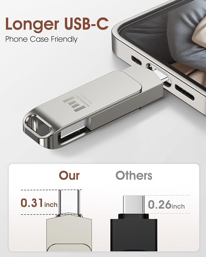 MOSDART 256GB USB C 3.2 Fast Speed C and A Dual Flash Drive, exFAT Memory Stick with Keychain Loop, for iPhone 15,16,17, Android Phone, iPad, MacBook, Silver