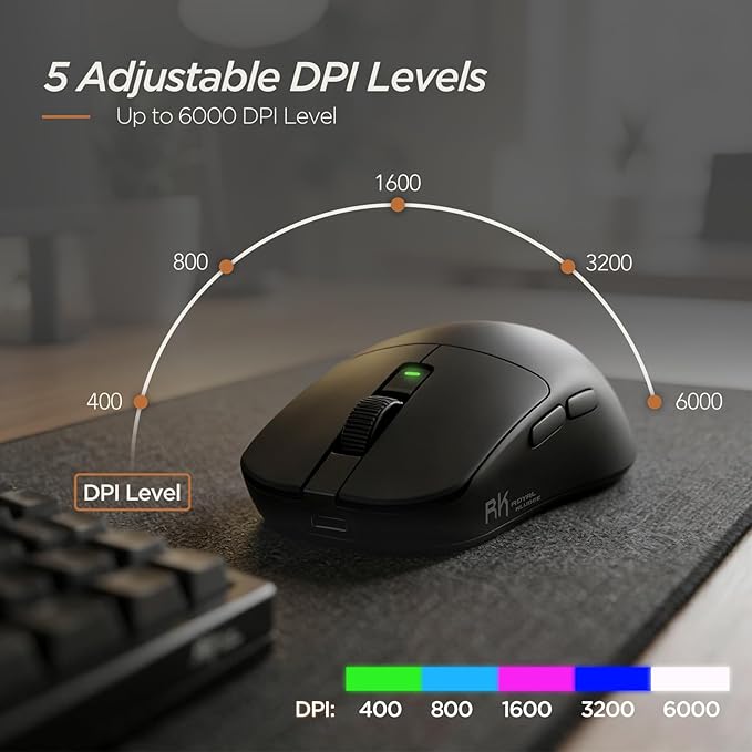 RK ROYAL KLUDGE RK MO3 Wireless Gaming Mouse, 48g Lightweight Computer Mouse, Bluetooth/2.4G/Wired Rechargeable PC Game Mice with Programmable Buttons, 6000 DPI, PAW3809 Sensor for Laptop/Mac, Black