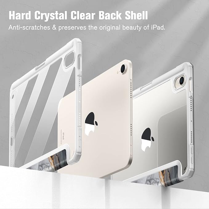 Fintie Hybrid Slim Case for iPad Mini 7 (A17 Pro, 7th Generation) 2024 / iPad Mini 6 (6th Gen) 8.3 Inch, [Built-in Pencil Holder] Shockproof Cover Clear Transparent Back Shell, Cloudy Marble