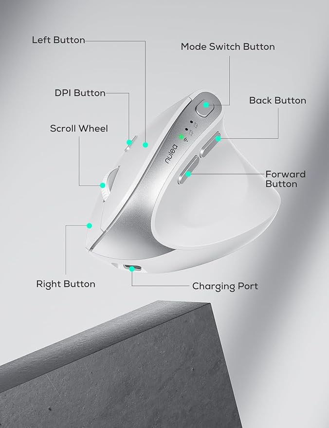 Nulea MD280 Ergonomic Vertical Wireless Mouse - Bluetooth & 2.4G Dual Mode, 4 Adjustable DPI 800/1200/1600/2400, Rechargeable, Silent Clicks, No Lag, 6 Buttons - Perfect for Laptop, Desktop White