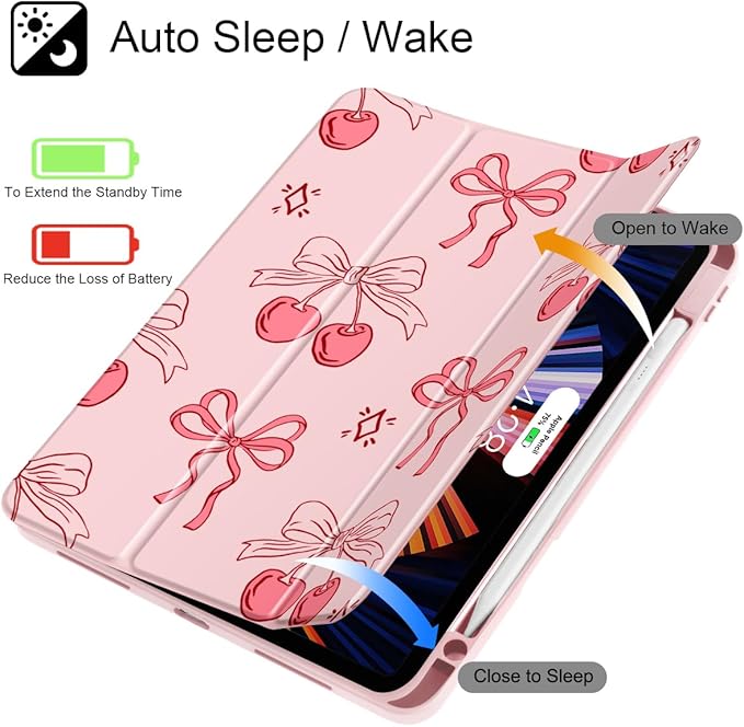 May Chen Case for iPad Pro 11-Inch M5/M4 2025/2024 (6th/5th Generation), [Penceil Holder] Trifold Stand Auto Wake/Sleep Clear TPU Protection Back Cover, Coquette Cherry Bow