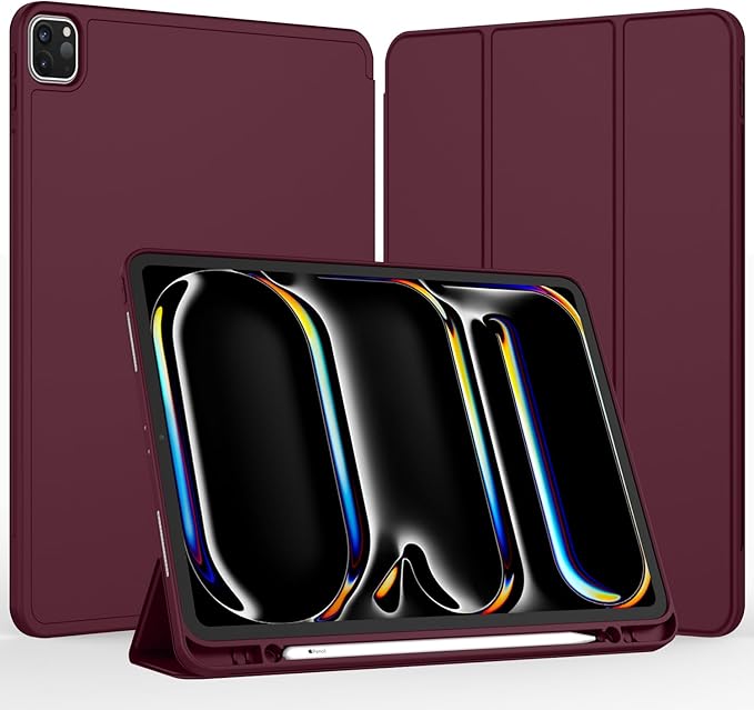 iMieet Case for iPad Pro 11 Inch (M5) 2025 /(M4) 2024 5th Gen, Trifold Stand Smart Cover with Pencil Holder and Soft TPU Back, Auto Wake/Sleep (Wine)