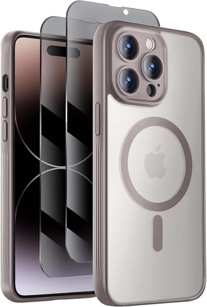 Symcele Designed for iPhone 14 Pro Max Case, Compatible with MagSafe, with Privacy Screen Protectors X2, [Camera Protection] [15FT Drop Protection] Shockproof Phone Case, 6.7", Natural Titanium