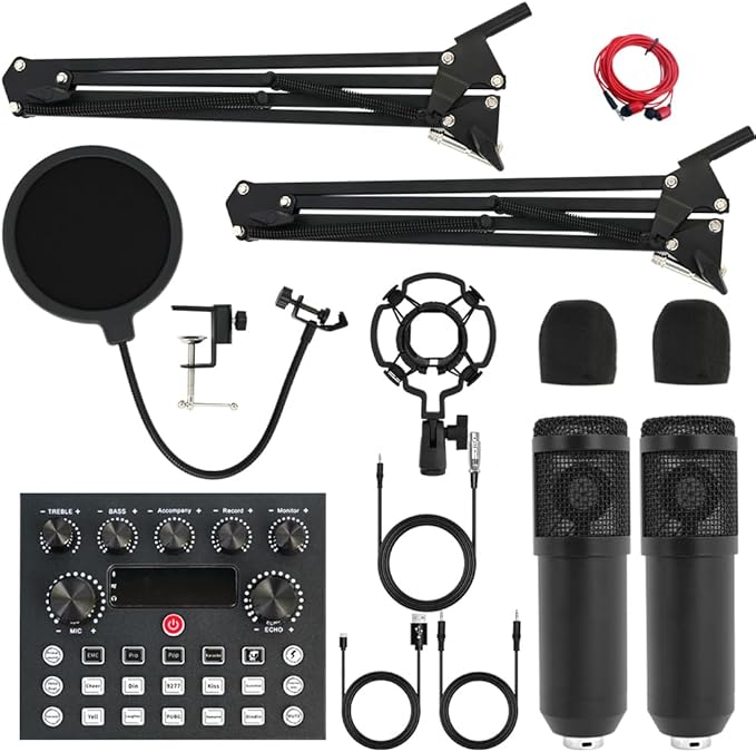 Podcast Equipment Bundle for 2, Audio Interface with BM-800 Condenser Microphone, V8s Sound Card with Voice Changer, Podcast Equipment for Podcasting, Recording, Singing, Streaming, Gaming