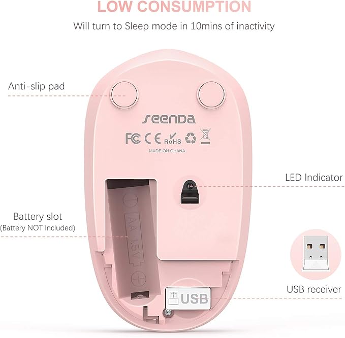seenda Wireless Mouse for Laptop, 2.4G Noiseless Mouse with USB Receiver - Optical Tracking Portable Computer Mice for Chromebook, PC, Tablet, Windows System, 24 Months Battery Life - Pink & White