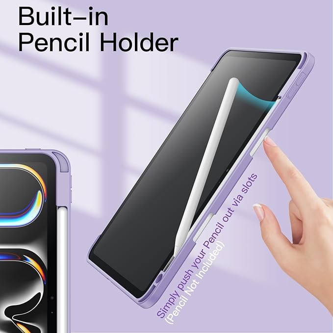 JETech Case for iPad Pro 11-Inch M5/M4 2025/2024 (6th/5th Generation) with Pencil Holder, Clear Transparent Back Shell Slim Stand Shockproof Tablet Cover, Auto Wake/Sleep (Purple)