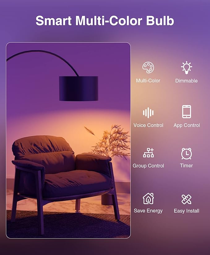 Wi-Fi Smart Light Bulb(RGB+W) 4 Pack, Full Color Changing Light Bulb-Compatible with Alexa and Google Assistant