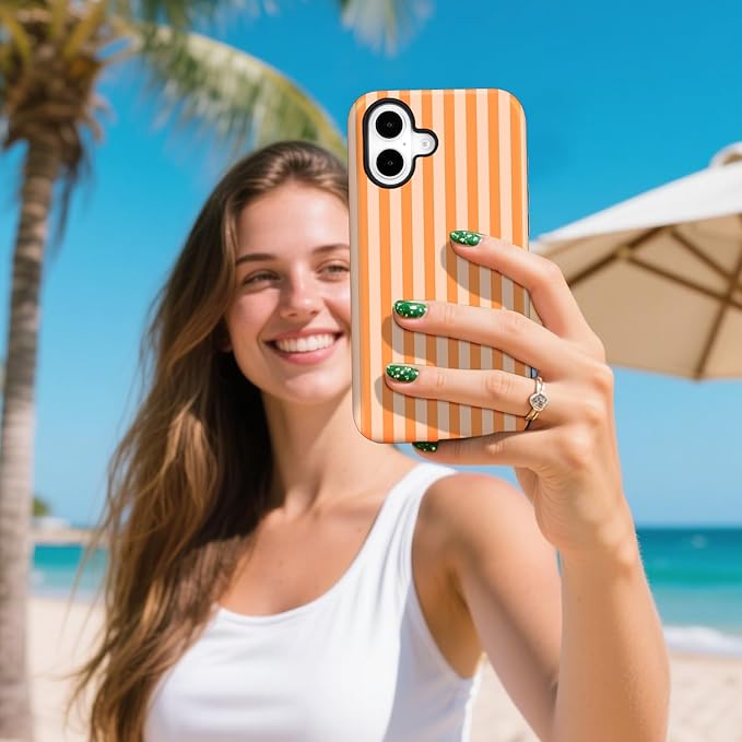 Magnetic for iPhone 16 Case Cute Stripes Phone Case, Shockproof Slim TPU and Hard PC Protective Phone Cover Compatible with MagSafe Designed for Women Girls, Orange