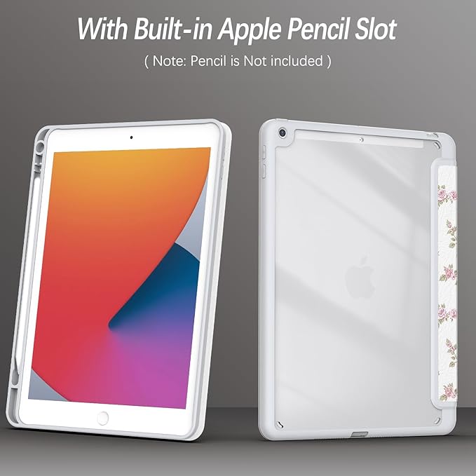 Case for iPad 9th / 8th / 7th Generation (2021/2020/2019) 10.2 inch, Case with Pencil Holder, Stand Clear Back Cover Cute Cool Design for Women Girls, Auto Sleep/Wake, Pink Flower