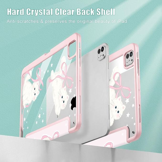 May Chen for iPad Pro 13 Inch Case M5 2025 / M4 2024, Built Pencil Holder & Clear Transparent Print Back Shell Slim Stand Shockproof Tablet Cover, Auto Wake/Sleep, Pink Bowknot Kitten