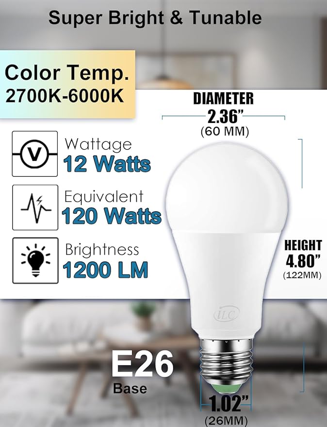 ILC Alexa Light Bulbs, 12W, Smart Light Bulb Compatible with Alexa Required Echo Device, 2700K-6000K Warm White to Daylight Turnable, A19 E26 No Hub Required (6 Packs)