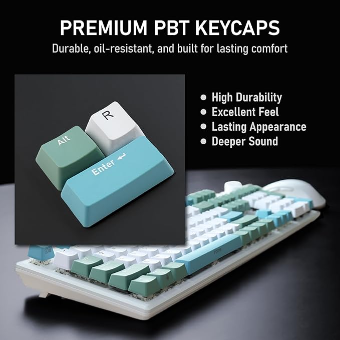 iRocks K74R Wireless RGB Illuminated Mechanical Gaming Keyboard, Hot-Swappable Switches, Easy-Clean Floating Design, PBT 107 Keys NKRO, Detachable USB-C Cable - Island Blue (Red Switches)
