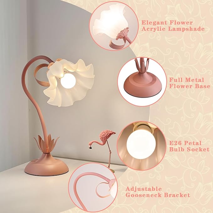 WERFOP Flower Table Lamp, LED Reading Light Vintage Bedside Table Lamp with 3 Color Modes for Nightstand, Kawaii Decoration for Home Bedroom Living Room (Pink)