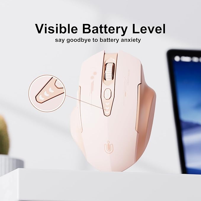 Uineer Wireless Bluetooth Mouse,[Upgraded] Rechargeable Computer Mice (BT 5.0/4.0+2.4G Hz) with Visible Battery Level, 4 Adiustable DPl, Portable PC Mouse for MacBook Chromebook,Pink