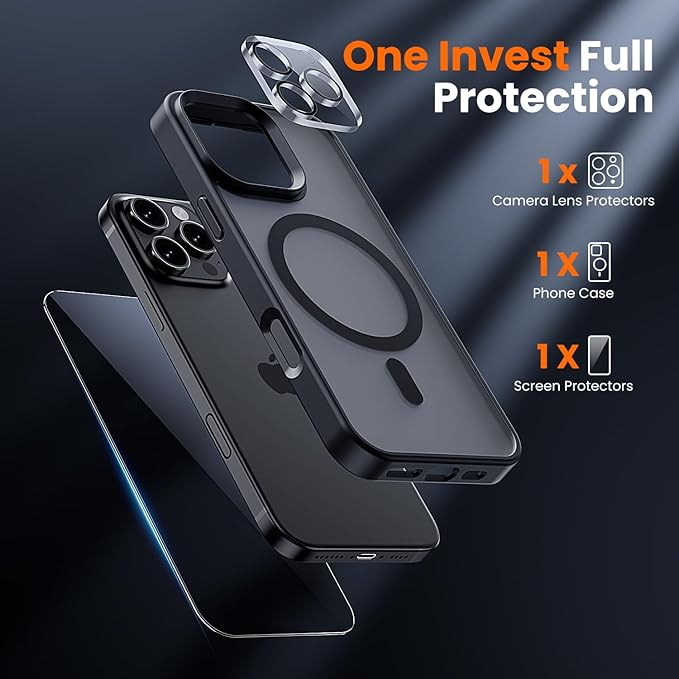 toushion Phone Case for iPhone 16 pro max Matte Black | 3 in 1, with MagSafe, Screen Protector*1, Camera Lens Protector*1, Matte Skin Feeling, Back Cover, Military-Grade Protection, 6.9 inch