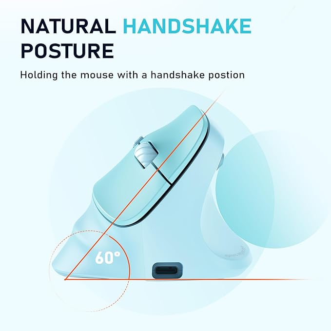 MEETION Ergonomic Mouse, Wireless Vertical Mouse RGB Backlit Rechargeable Mice for Bluetooth(5.2 + 3.0) & USB-A with Type-c Adapter 4 Adjustable DPI Mac/Windows/Andriod/PC/Tablet/iPad Blue