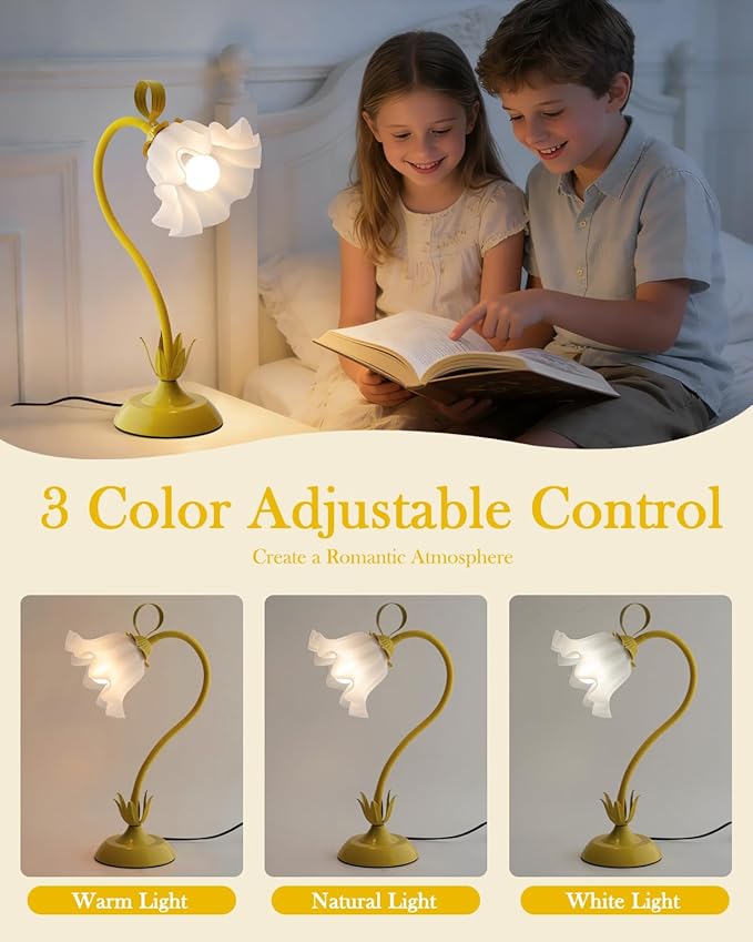 WERFOP Flower Table Lamp, LED Reading Light Vintage Bedside Table Lamp with 3 Color Modes for Nightstand, Kawaii Decoration for Home Bedroom Living Room (Yellow)