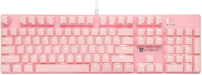 Merdia Full Size Wired Mechanical Gaming Pink Keyboard | Blue Switch 104 Keys US Layout Full Size Pink PC Gaming Keyboards | Hot Swappable LED Backlit Light Up Wired Mechanical Computer Keyboards