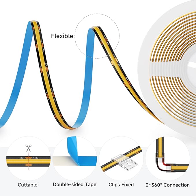 BTF-LIGHTING FCOB COB LED Strip 480LED/m Flexible High Density Uniform Light 9W/m 16.4FT DC12V Natural White 4000K CRI 90+ 8mm Width LED Ribbon for Indoor Decor(No Adapter or Controller)