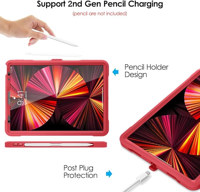 DTTO for iPad Pro 11 inch Case 2022(4th Gen)/2021(3rd Gen), [Screen Protector] Dual Layer Full Body Protection Cover with Pencil Holder, Also Fit iPad Pro 11'' 2020&2018/iPad Air 5/Air 4 - Red