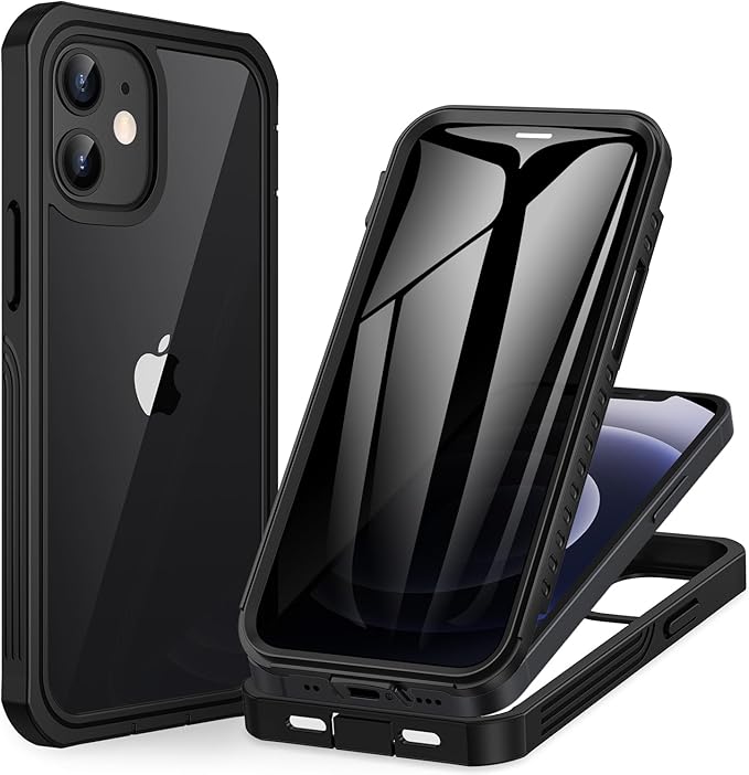 CENHUFO Privacy for iPhone 12 Mini Case, Full Body Phone Case with Built-in 9H Tempered Glass Privacy Screen Protector, Anti Peep Anti Spy Shockproof Protective Bumper Clear Cover - Black