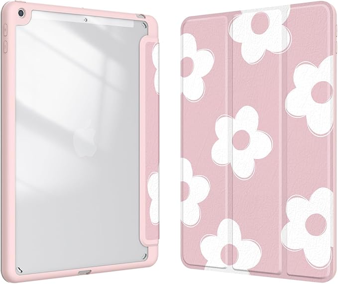 Case for iPad 9th / 8th / 7th Generation (2021/2020/2019) 10.2 inch, Case with Pencil Holder, Stand Clear Back Cover Cute Cool Design for Women Girls, Auto Sleep/Wake, Pink White Flower