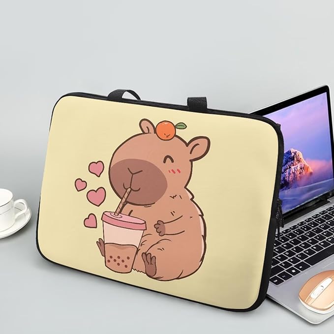 15 Inch Capybara Bubble Tea Laptop Sleeve, Protective Tablet Case with Handle, Water Resistant Zipper Computer Bag Carrying Case Notebook Cover Messenger Briefcase for Women