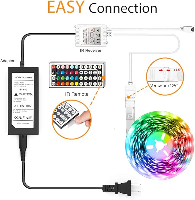 phopollo 5050 LED Strip Lights, 25ft Led Lights for Bedroom with 44 Keys IR Remote Controller and 12V Power Supply