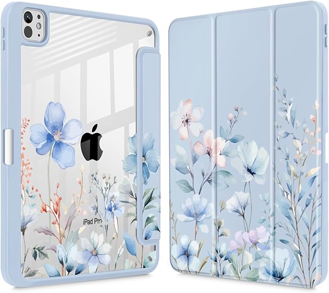 May Chen for iPad Pro 13 Inch Case M5 2025 / M4 2024, Built Pencil Holder & Clear Transparent Print Back Shell Slim Stand Shockproof Tablet Cover, Auto Wake/Sleep, Blue Flowers