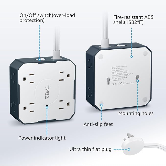 Surge Protector Power Strip, 5 Ft Flat Plug Extension Cord with 3 USB Charger(1 USB C Port) and 8AC Outlets, Wall Mountable Multi Plug Outlet Extender for Home Office