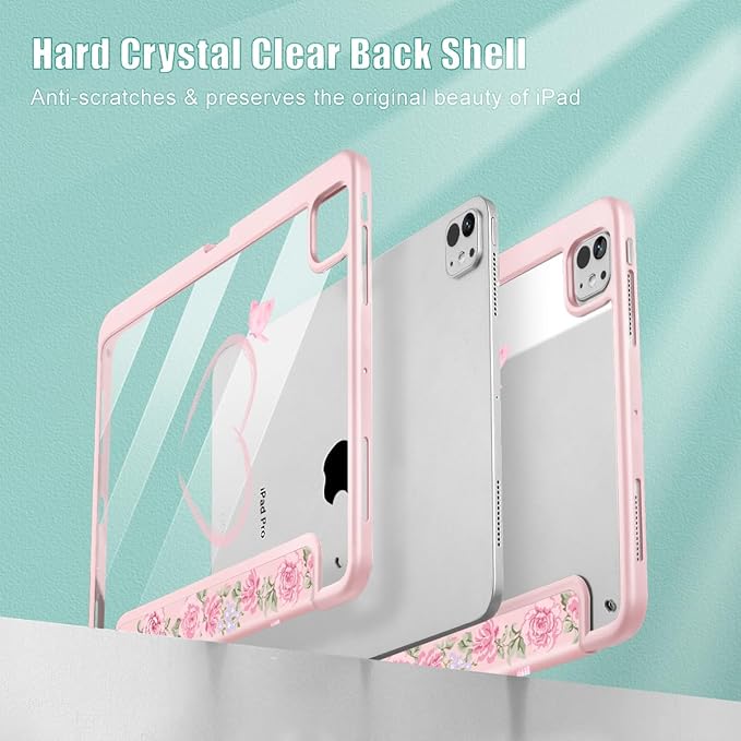 May Chen Case for iPad Pro 11-Inch M5/M4 2025/2024 (6th/5th Generation), [Penceil Holder] Trifold Stand Auto Wake/Sleep Clear TPU Protection Back Cover, Bow & Rose Flower