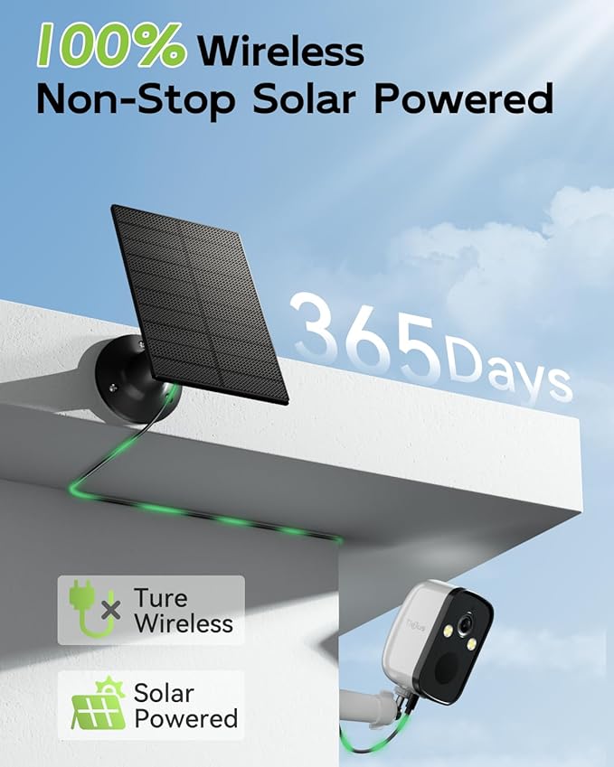 2K Solar Security Cameras Wireless Outdoor, 2.4G/5G WiFi, Powered by Sun Rechargeable Battery Backup, Color Night Vision, PIR AI Motion Detection, 2 Way Talk, IP66, Works with Alexa/Cloud/SD