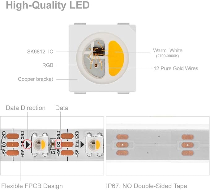 BTF-LIGHTING RGBW RGB+Warm White SK6812 (Similar WS2812B) 4 Colors in 1 LED Strip Individually Addressable 16.4ft 60Pixel/m 300LED Light Dream Color IP67 DC5V White PCB (No Adapter or Controller)