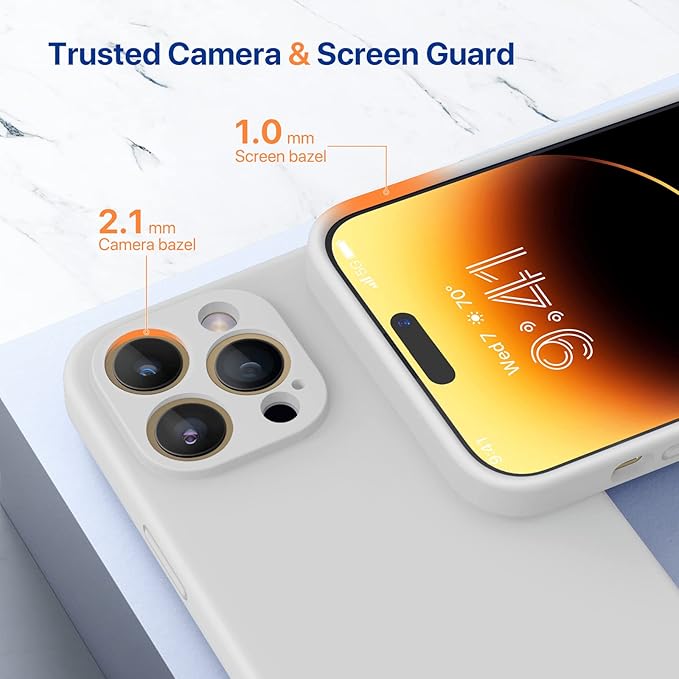 Miracase Designed for iPhone 14 Pro Case with Screen Protector, [Upgraded Camera Protection], Shockproof Liquid Silicone Rubber Phone Case Cover for 14 Pro 6.1 inch, Moonlight White