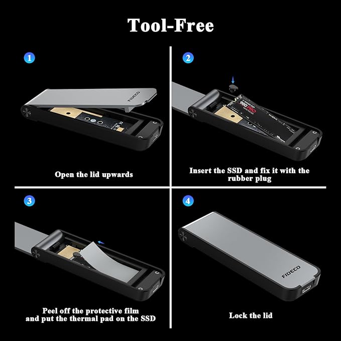 FIDECO M.2 NVMe SSD Enclosure, M.2 NVMe to USB Adapter, USB 3.2 Gen 2 (10Gbps) SSD Reader for M & M+B Key, Sandwich Style Design, Tool-Free Installation, Support UASP and Trim (Grey)