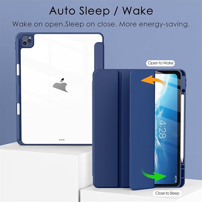 Soke Case for iPad Pro 12.9 Inch (6th/5th/4th/3rd Generation, 2022/2021/2020/2018) - Pencil Holder + Auto Sleep/Wake + Camera Protection, Transparent Shockproof Back Cover, Navy