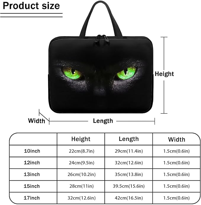 13 Inch Laptop Sleeve, Black Cat Green Eyes Laptop Cover Computer Bag Tablet Carrying Case with Handle, Funny Printed Notebook Case Handbag Briefcase Shoulder Bag for Office/School