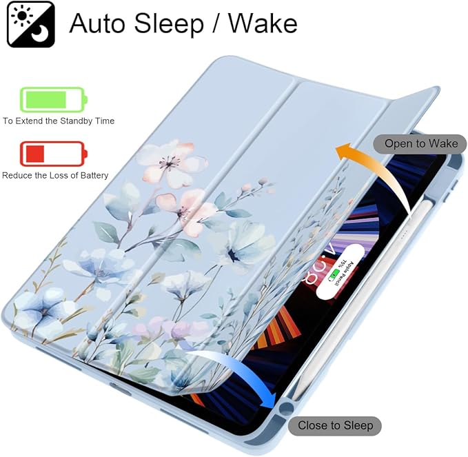May Chen for iPad Pro 13 Inch Case M5 2025 / M4 2024, Built Pencil Holder & Clear Transparent Print Back Shell Slim Stand Shockproof Tablet Cover, Auto Wake/Sleep, Blue Flowers