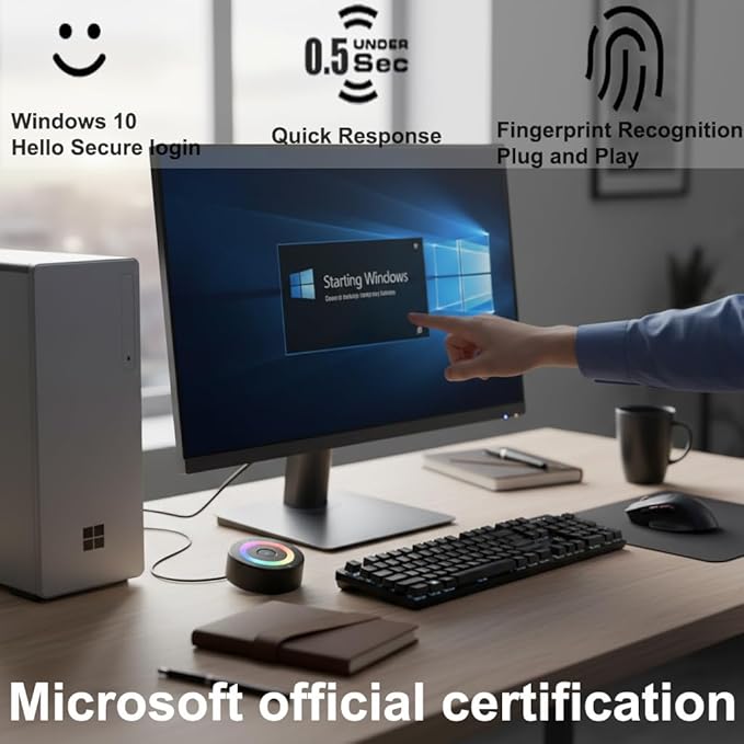 USB Fingerprint Reader Fingerprint for Windows10/11, Tap and Go with 360° Touch with 5ft Extension Cable-Windows Password Free Operation Windows Hello Automatic Driver Installation